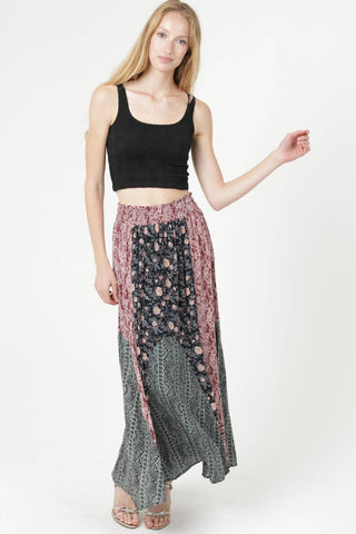 MIXED PRINT SMOCKED WAIST MAXI SKIRT