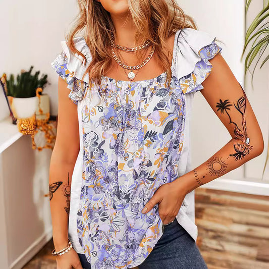 Floral Print Patchwork Square Neck Ruffle Sleeve Blouse