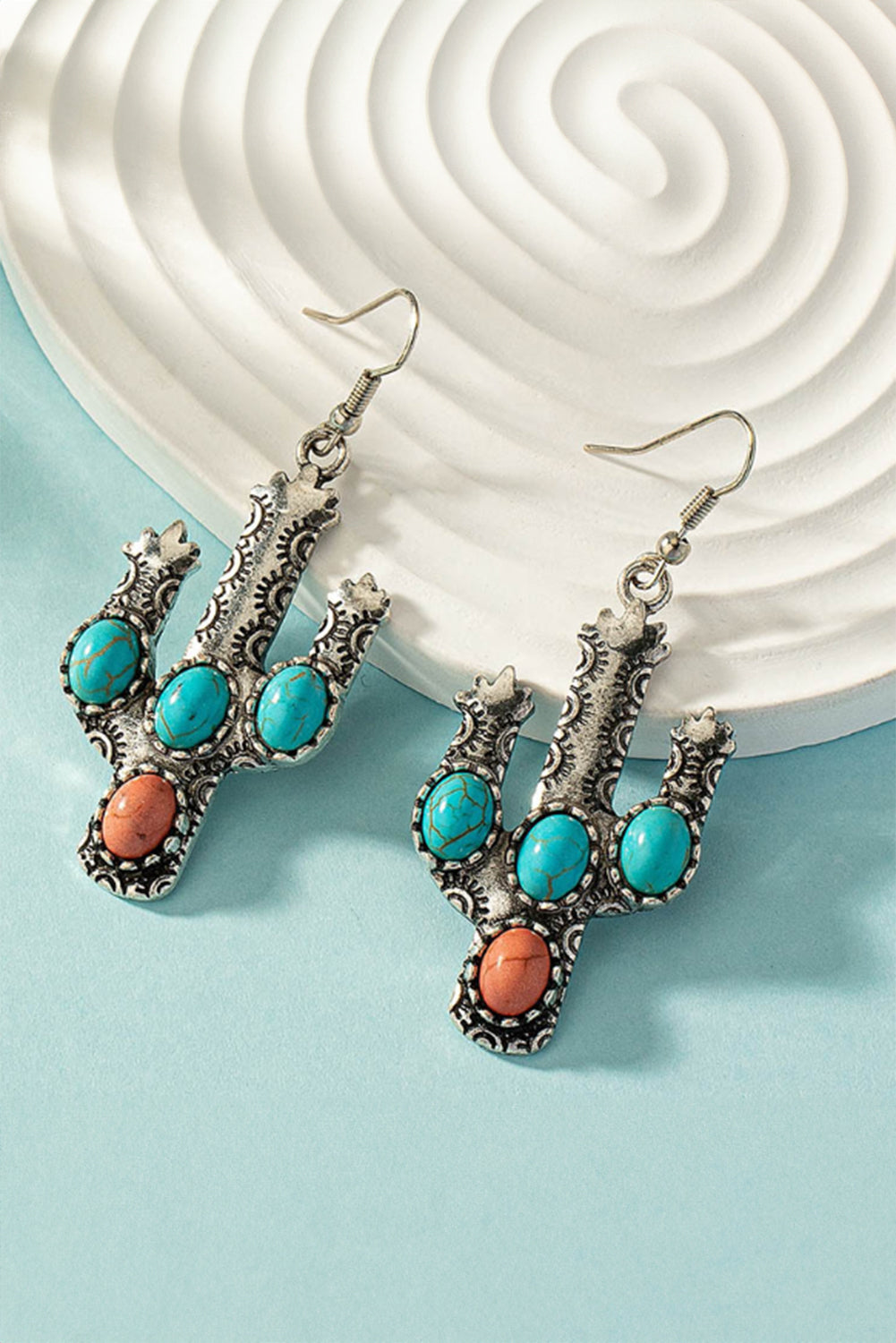 Light Blue Western Turquoise Decor Cactus Drop Earrings