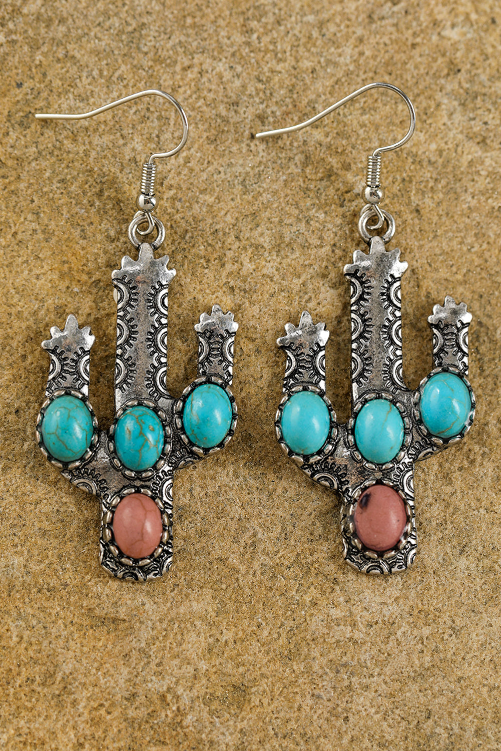 Light Blue Western Turquoise Decor Cactus Drop Earrings