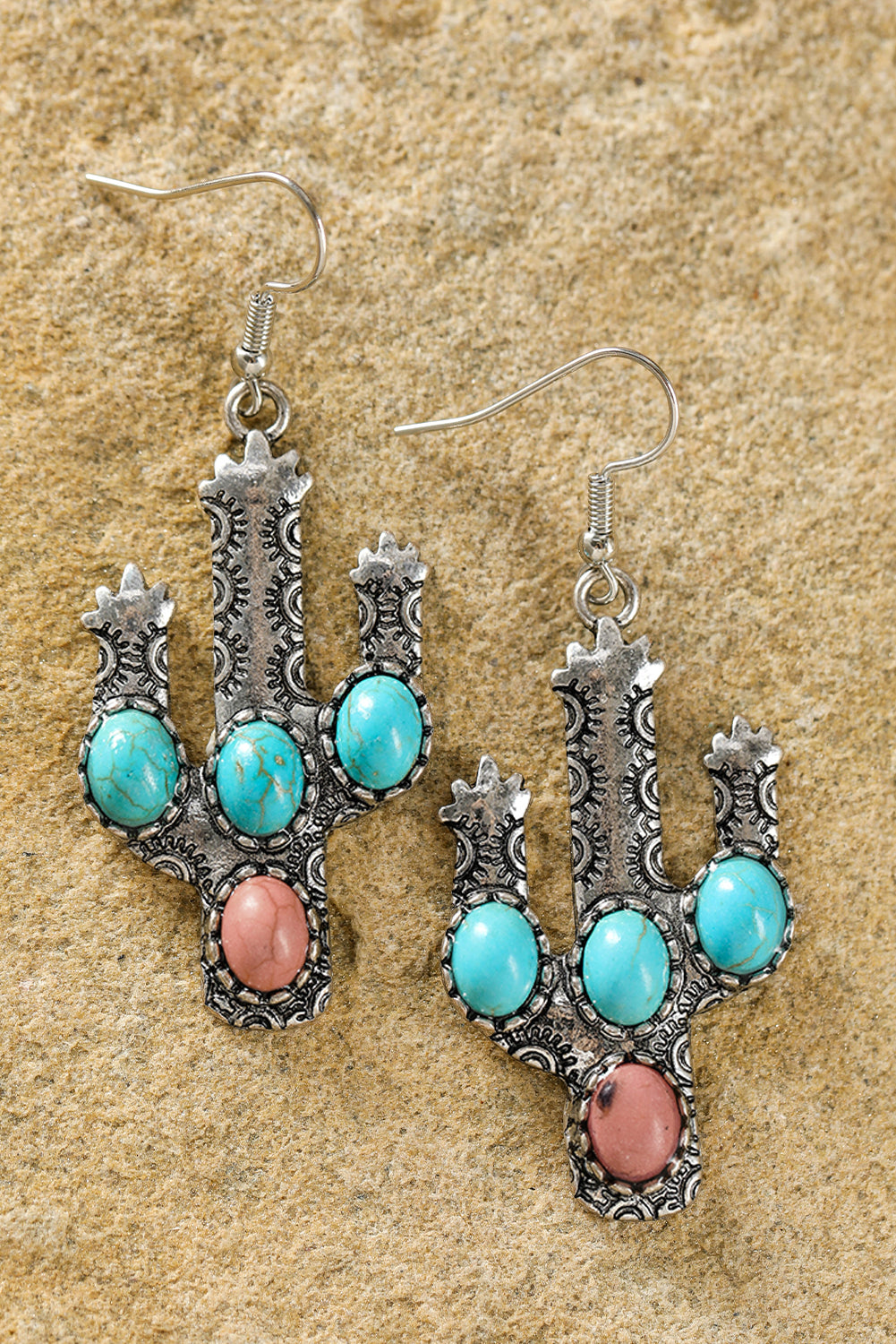 Light Blue Western Turquoise Decor Cactus Drop Earrings