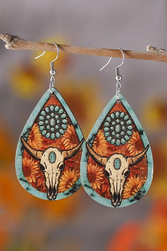 Chestnut Western Steer Head Print Wooden Drop Earrings