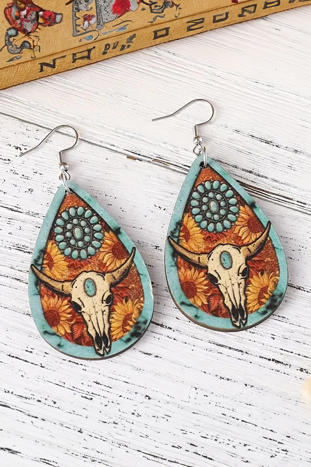 Chestnut Western Steer Head Print Wooden Drop Earrings