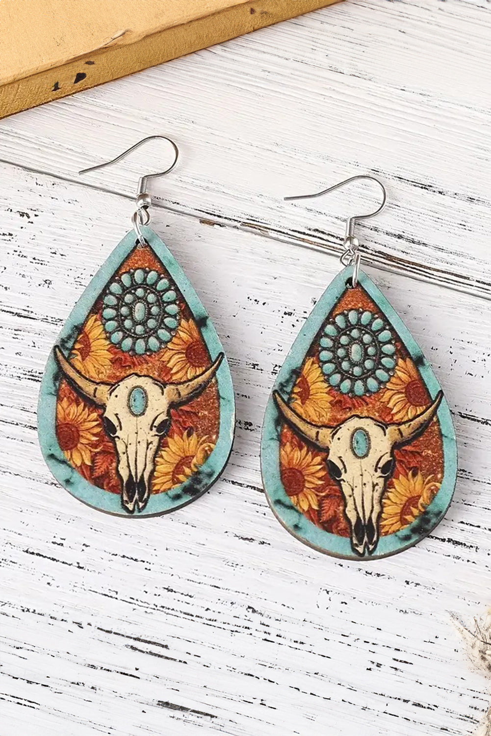 Chestnut Western Steer Head Print Wooden Drop Earrings