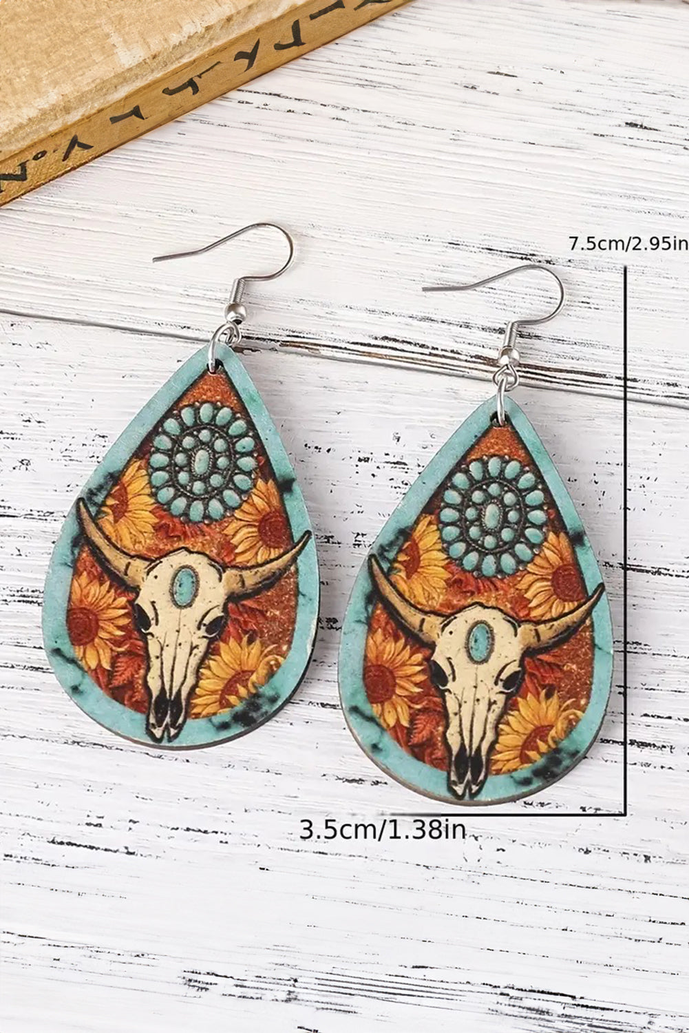 Chestnut Western Steer Head Print Wooden Drop Earrings