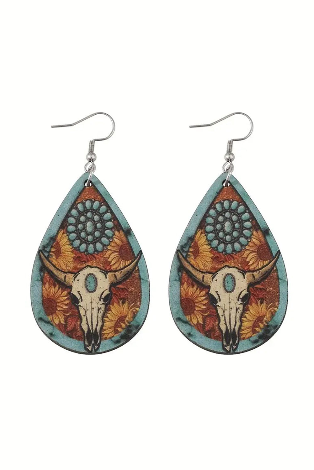 Chestnut Western Steer Head Print Wooden Drop Earrings