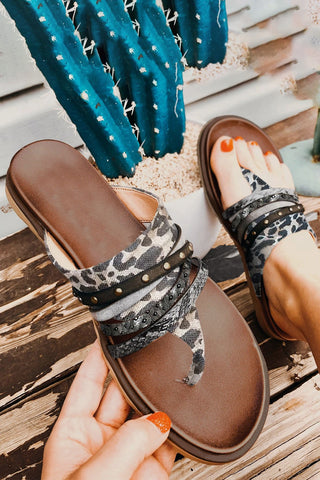 CLEARANCE Leopard Studded Animal Print Flip Flop Sandals