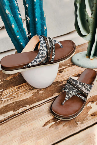 CLEARANCE Leopard Studded Animal Print Flip Flop Sandals