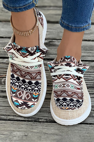 CLEARANCE Brown Vintage Aztec Patchwork Lace-up Decor Flat Shoes