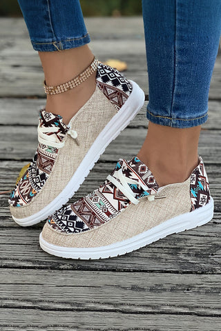 CLEARANCE Brown Vintage Aztec Patchwork Lace-up Decor Flat Shoes