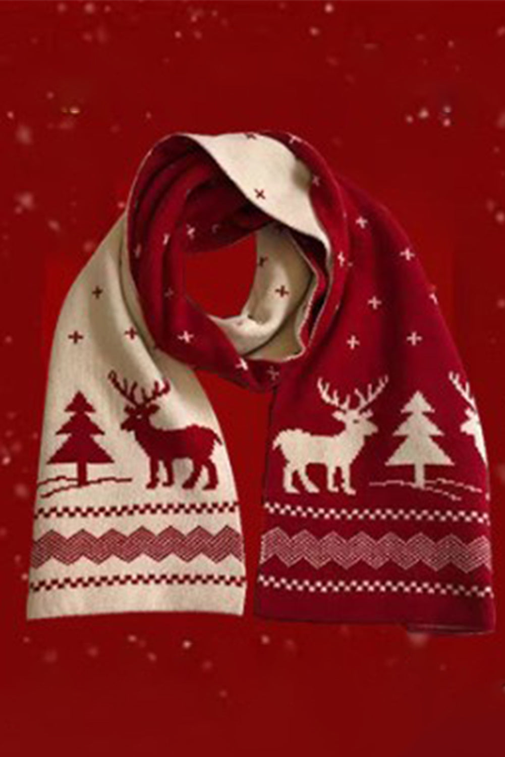 Red and White Reindeer Christmas Tree Print Knitted Scarf-reversible