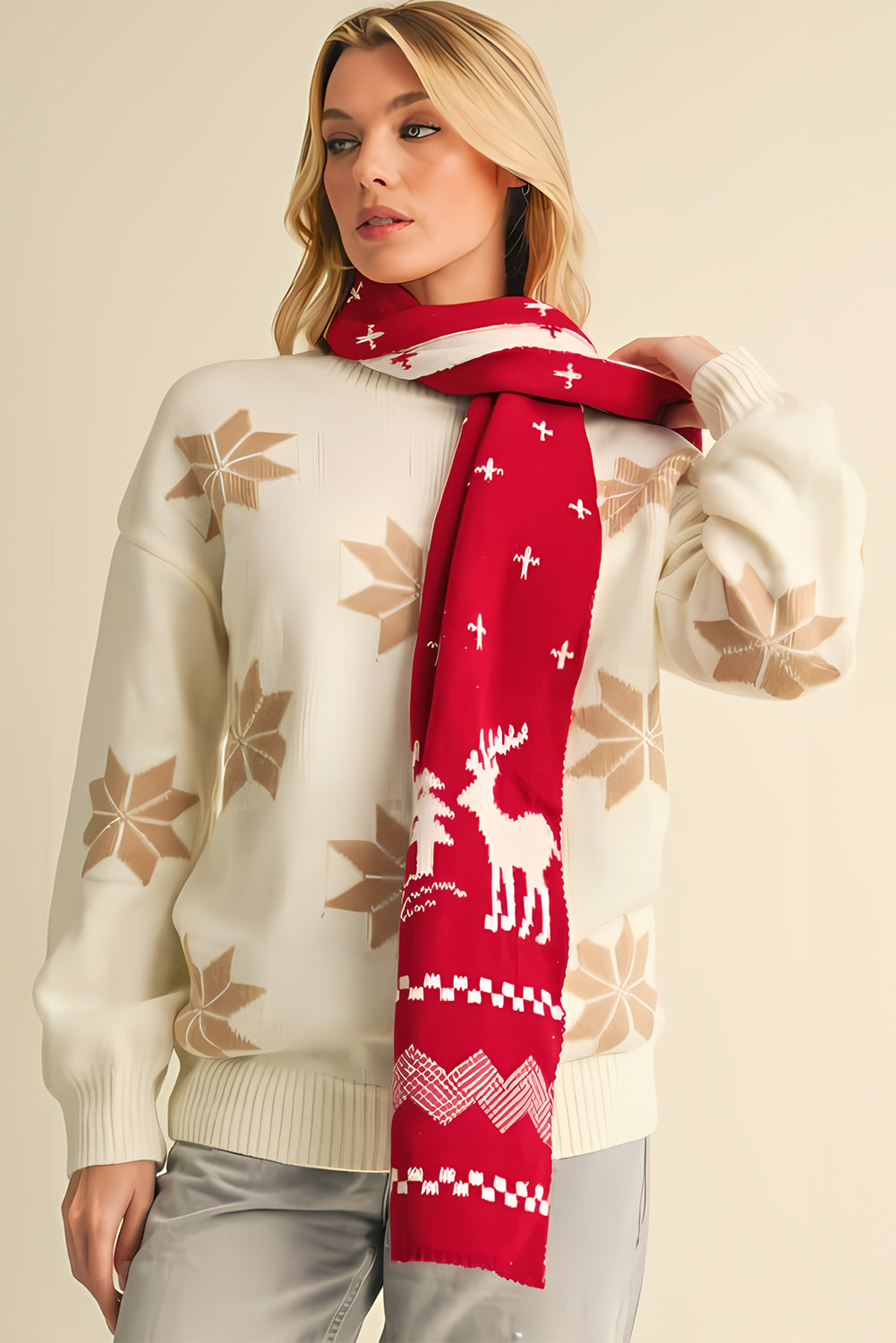 Red and White Reindeer Christmas Tree Print Knitted Scarf-reversible