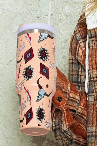 Pink Western Aztec Steer Head Stainless Tumbler 40oz