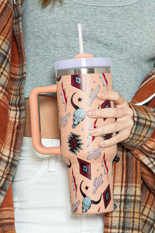 Pink Western Aztec Steer Head Stainless Tumbler 40oz