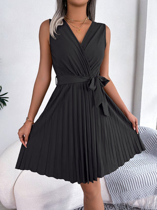 Black Tied Surplice Sleeveless Pleated Dress