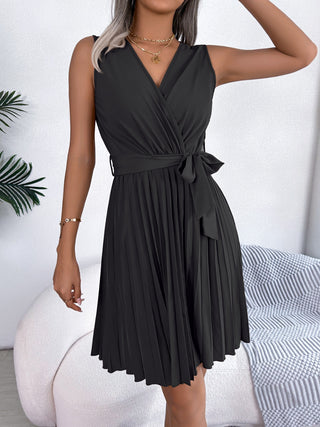 Black Tied Surplice Sleeveless Pleated Dress