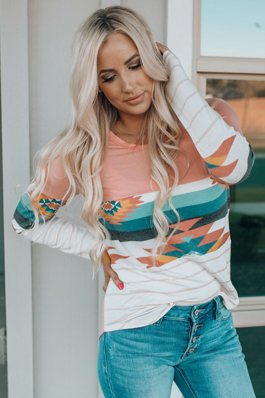 Geometric Aztec Round Neck Long Sleeve T-Shirt