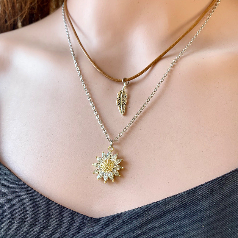 Sunflower and feather Pendant Necklace Set