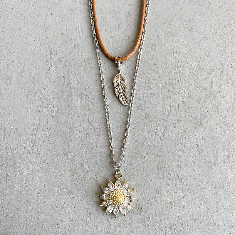 Sunflower and feather Pendant Necklace Set