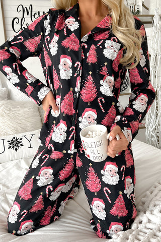 ***clearance***Black Christmas Santa Printed Two Piece Pajamas Set