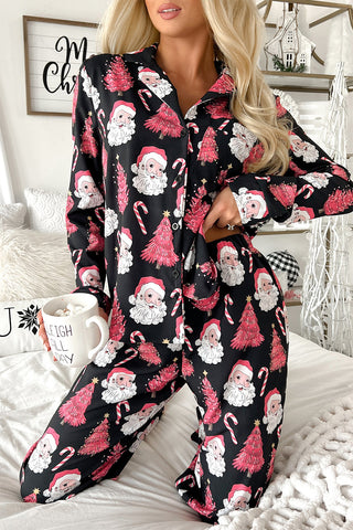 ***clearance***Black Christmas Santa Printed Two Piece Pajamas Set