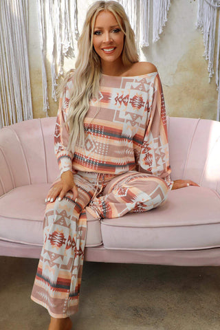 CLEARANCE Aztec Print Puff Sleeve Pullover and Pants Lounge Outfit