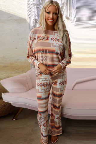 CLEARANCE Aztec Print Puff Sleeve Pullover and Pants Lounge Outfit