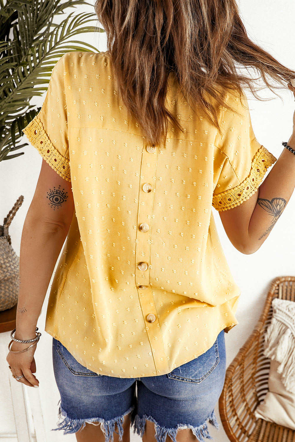 Yellow Swiss Dot Crochet Eyelet Back Button Detail Summer Top