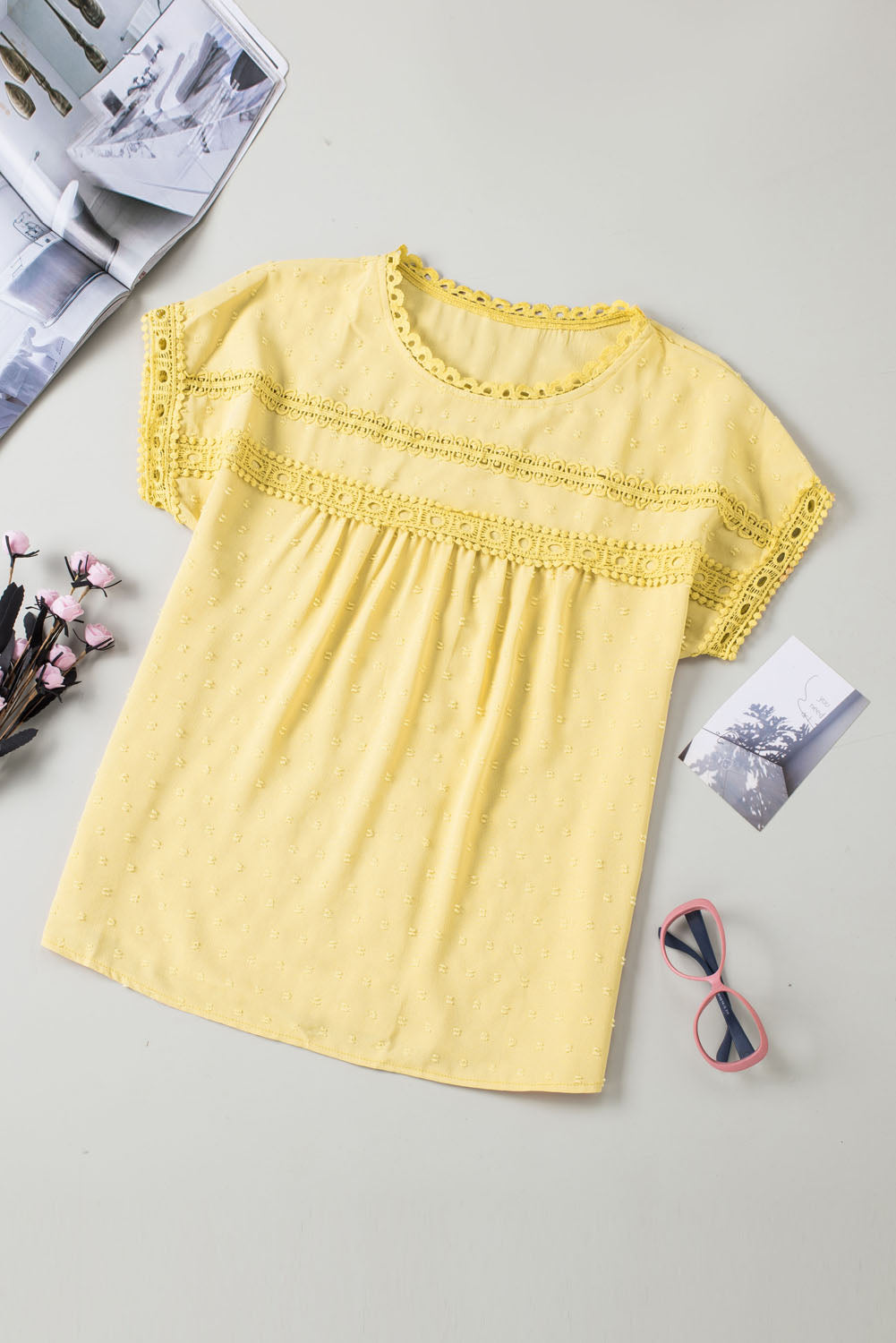 Yellow Swiss Dot Crochet Eyelet Back Button Detail Summer Top