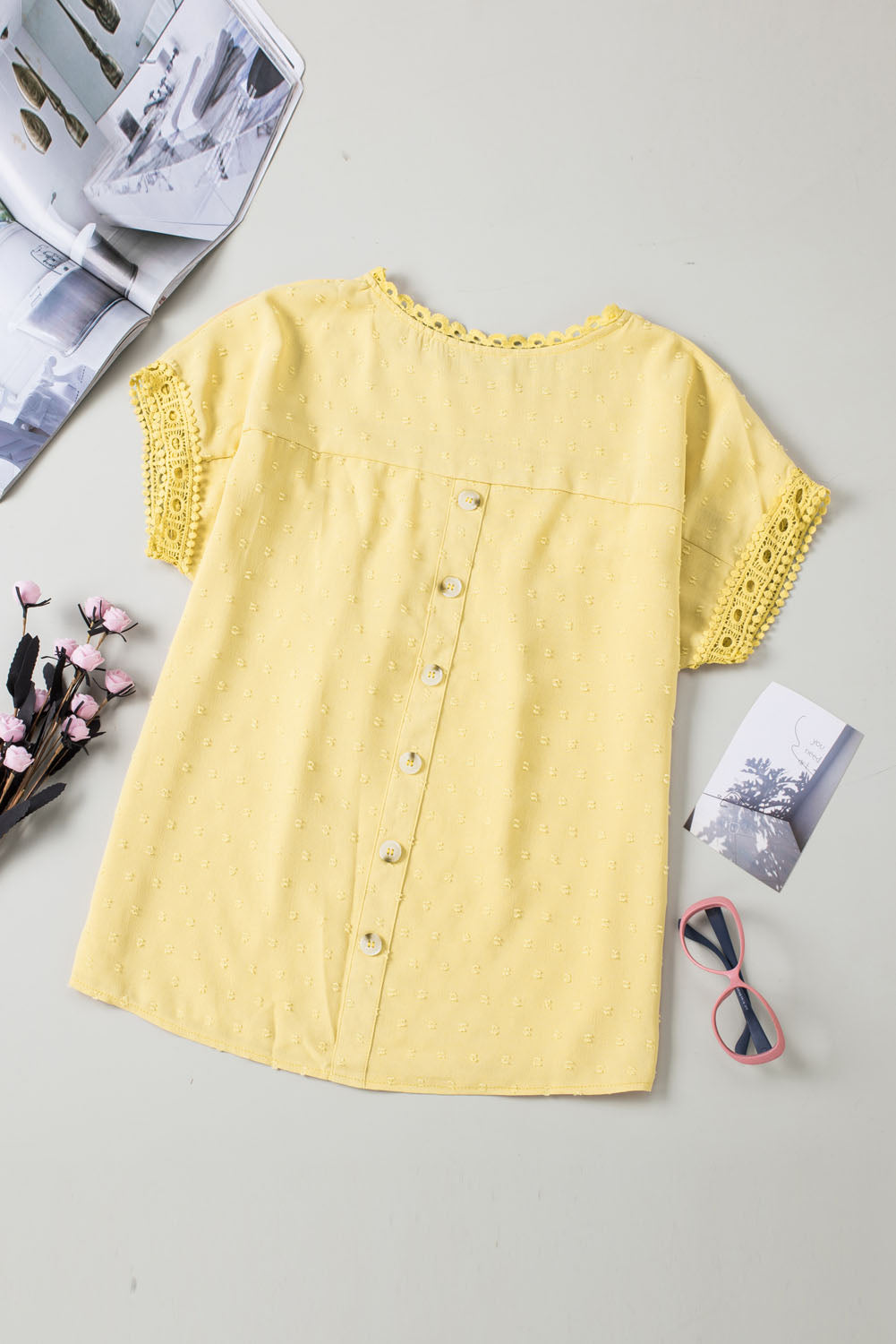 Yellow Swiss Dot Crochet Eyelet Back Button Detail Summer Top