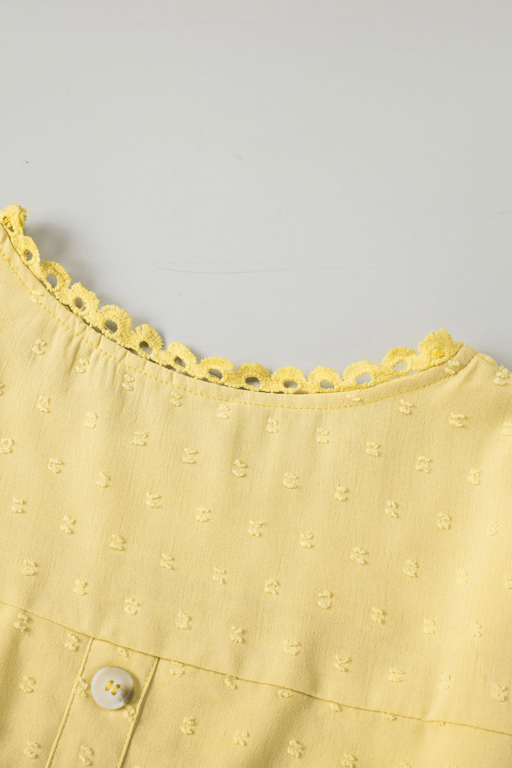 Yellow Swiss Dot Crochet Eyelet Back Button Detail Summer Top