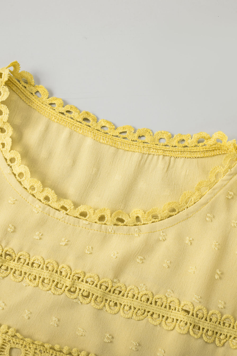 Yellow Swiss Dot Crochet Eyelet Back Button Detail Summer Top