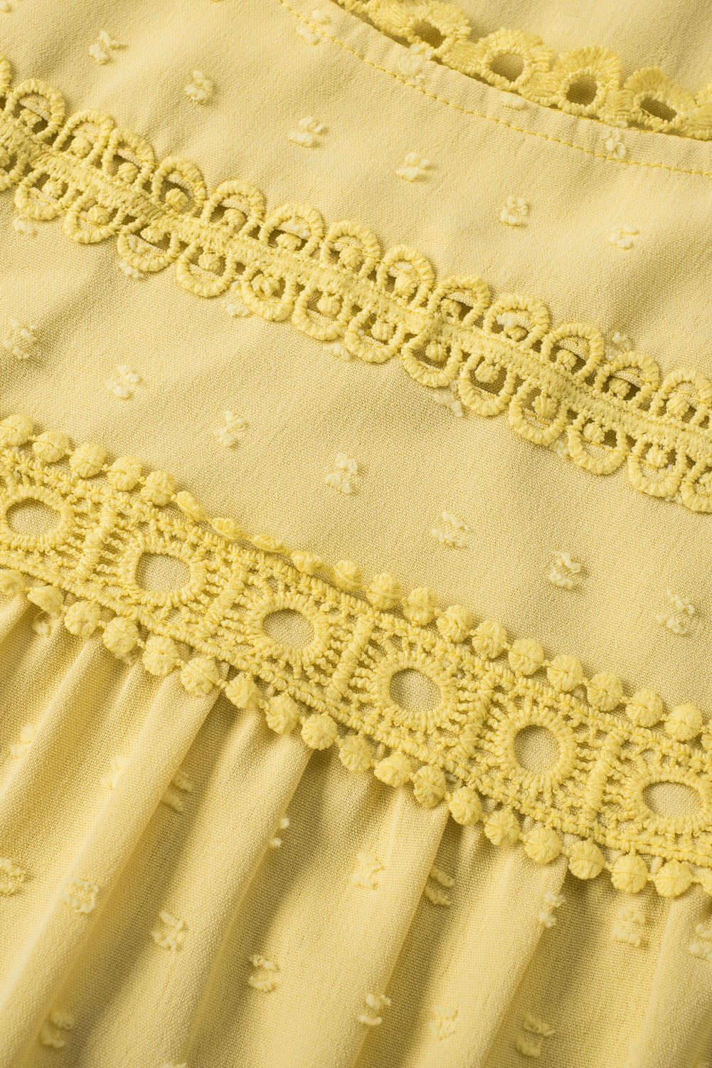 Yellow Swiss Dot Crochet Eyelet Back Button Detail Summer Top