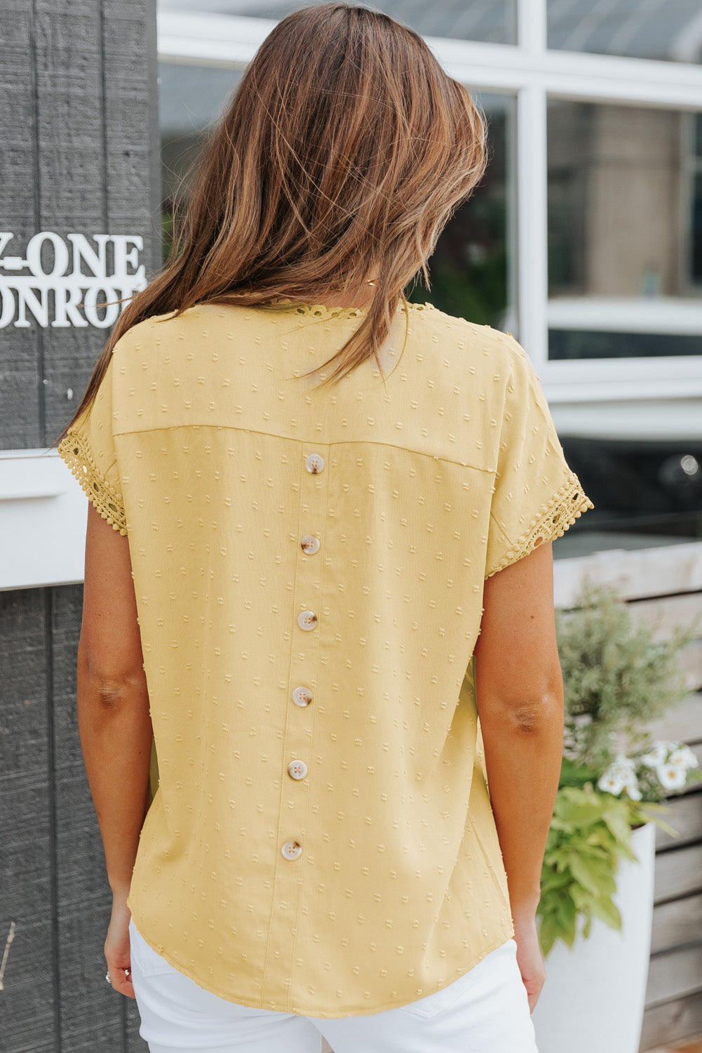 Yellow Swiss Dot Crochet Eyelet Back Button Detail Summer Top