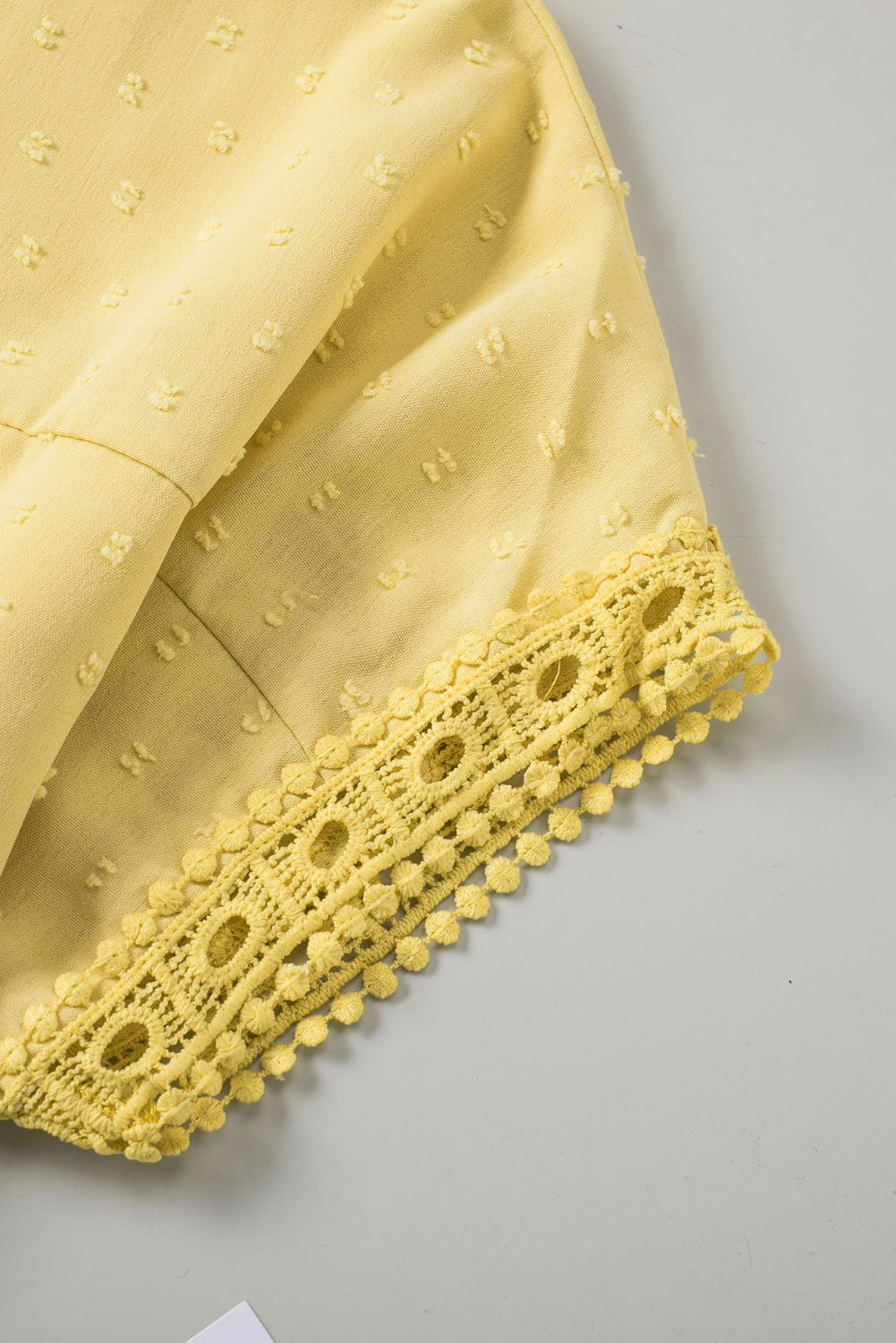 Yellow Swiss Dot Crochet Eyelet Back Button Detail Summer Top