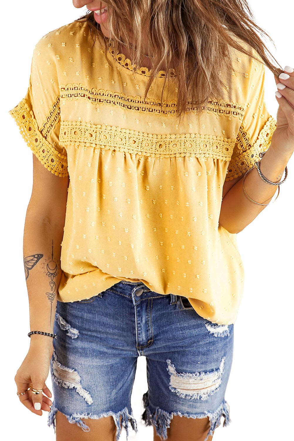 Yellow Swiss Dot Crochet Eyelet Back Button Detail Summer Top