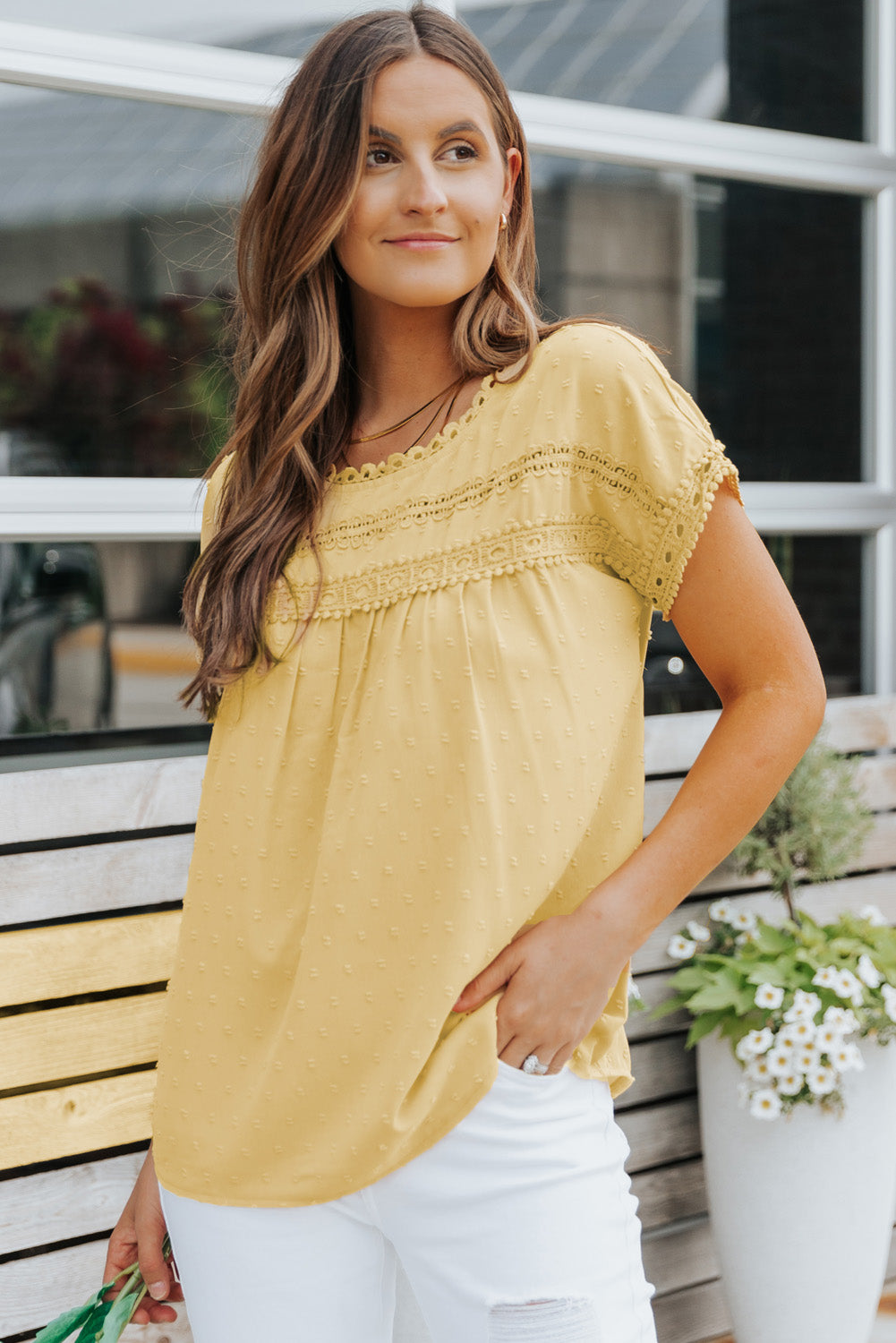 Yellow Swiss Dot Crochet Eyelet Back Button Detail Summer Top