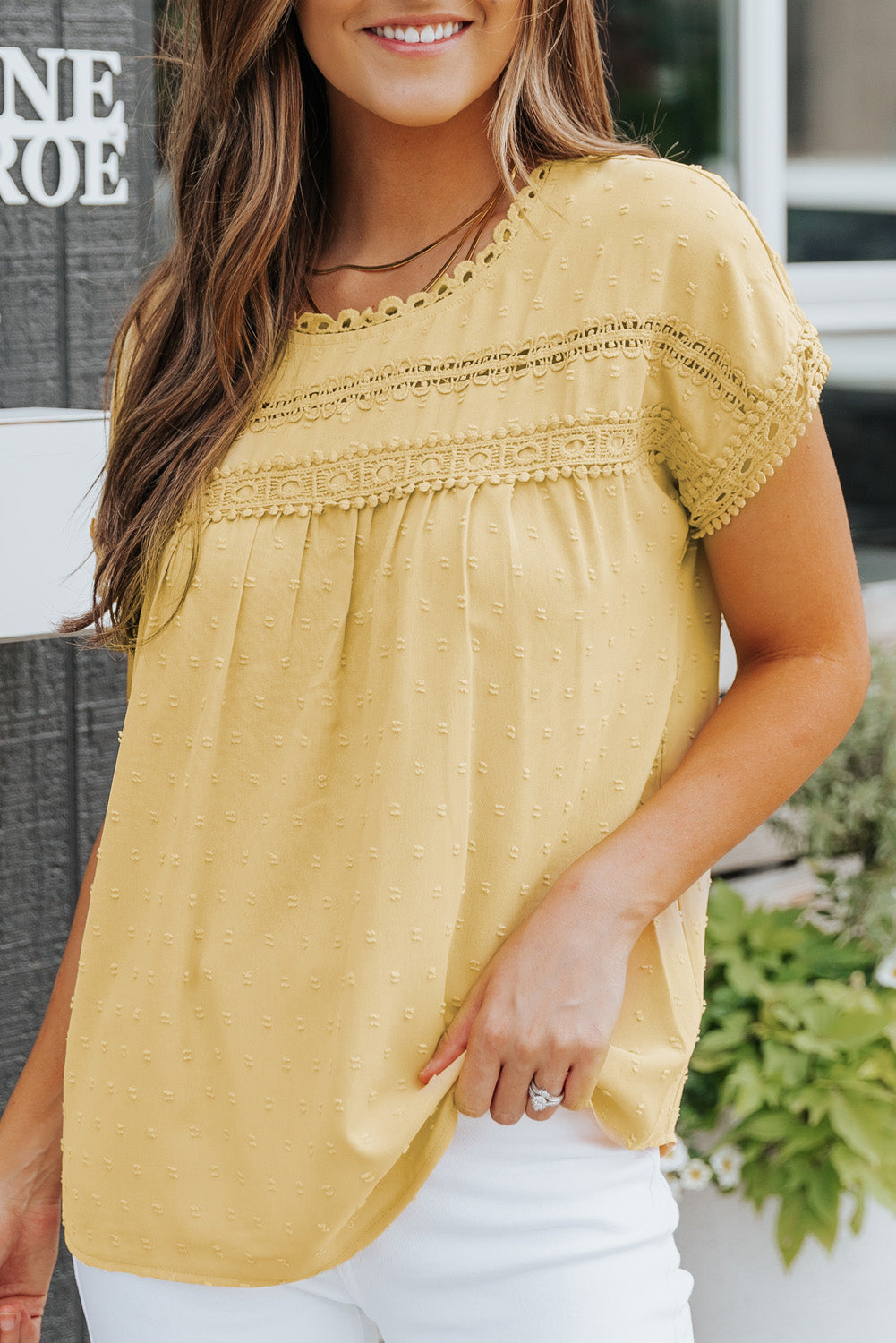 Yellow Swiss Dot Crochet Eyelet Back Button Detail Summer Top