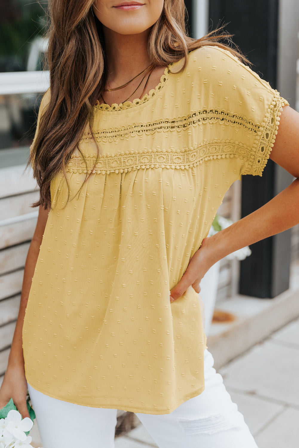 Yellow Swiss Dot Crochet Eyelet Back Button Detail Summer Top