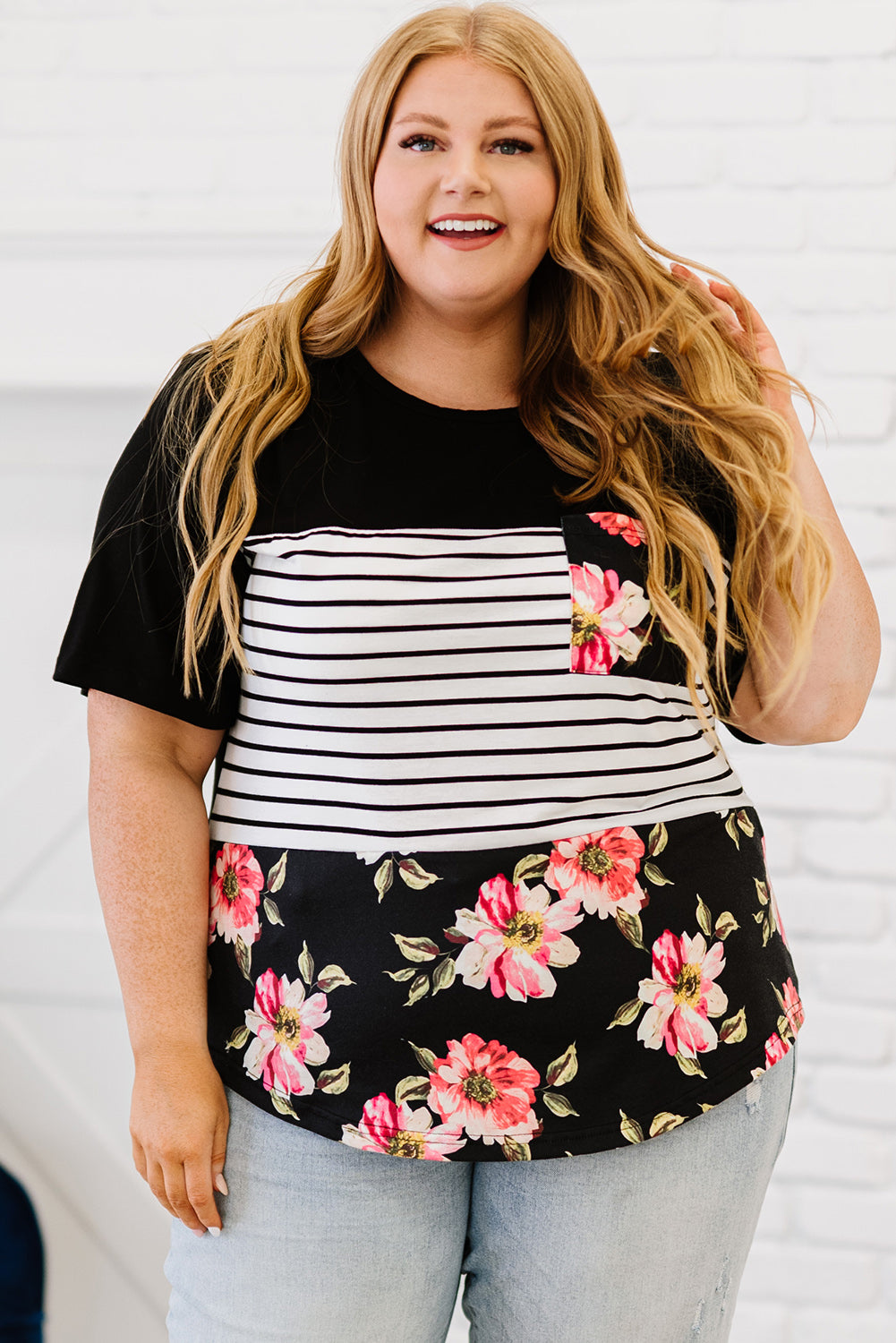 Black Stripe Floral Casual Splicing Block Plus Size Top