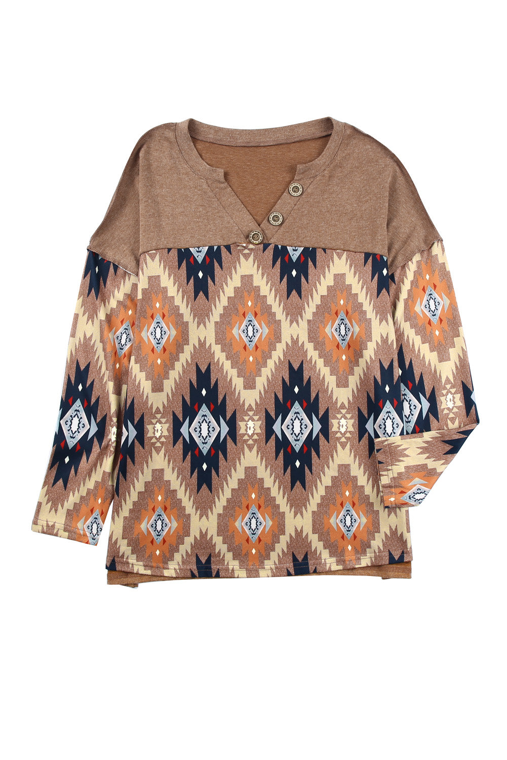 Brown Geometric Pattern Button Front Drop Shoulder Long Sleeve Top