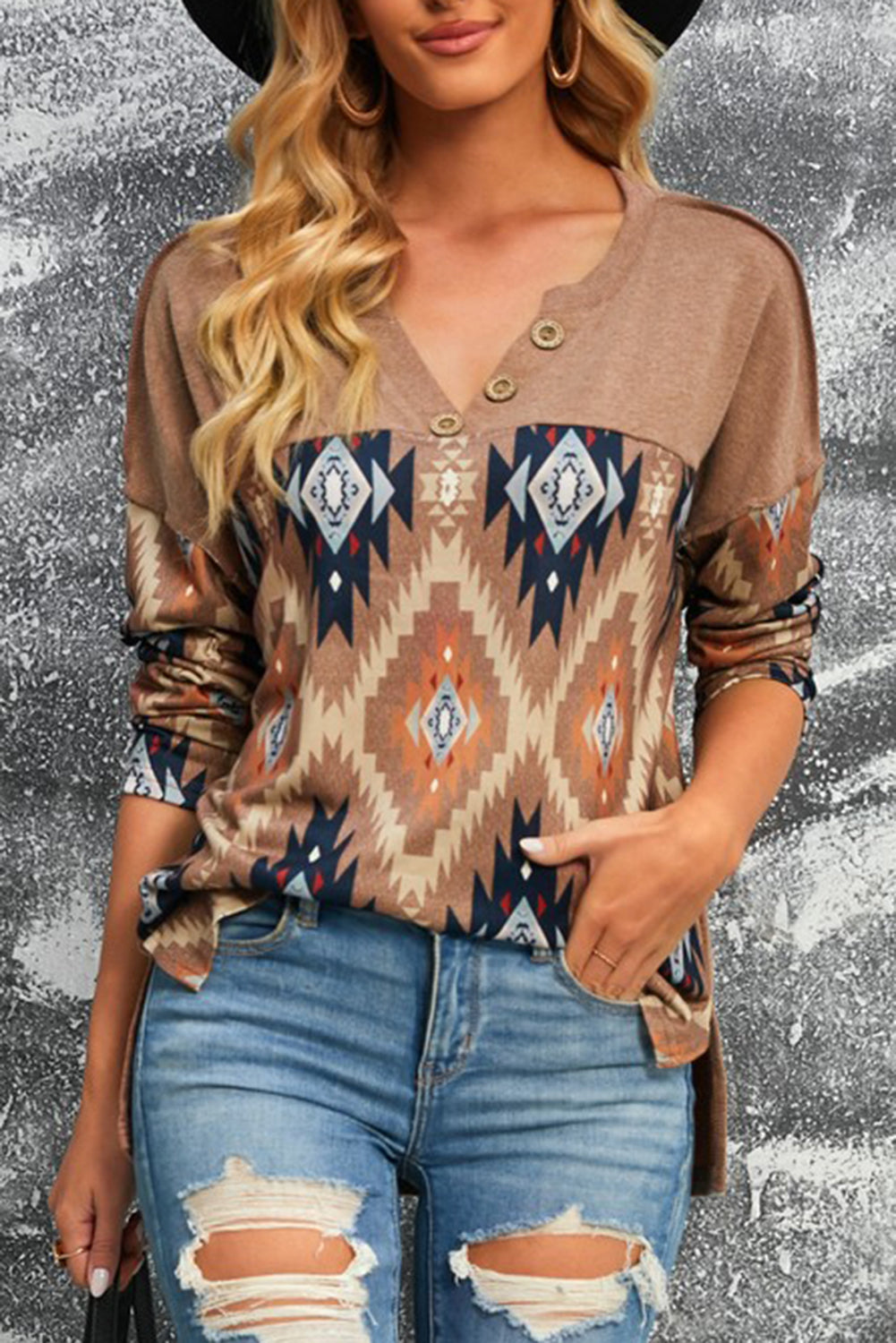 Brown Geometric Pattern Button Front Drop Shoulder Long Sleeve Top