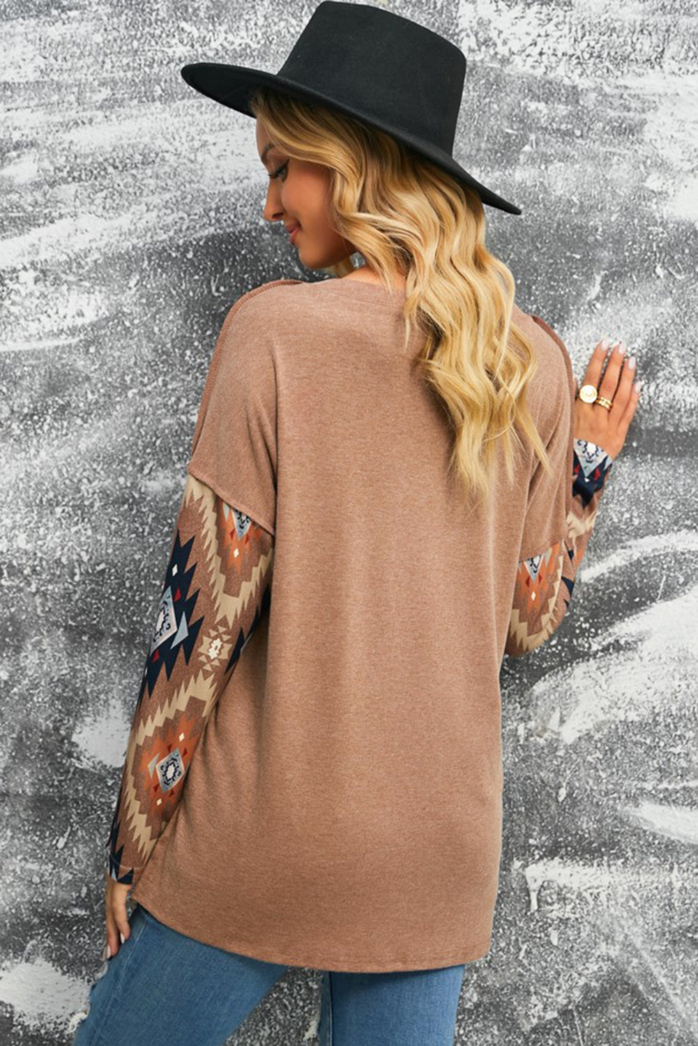 Brown Geometric Pattern Button Front Drop Shoulder Long Sleeve Top