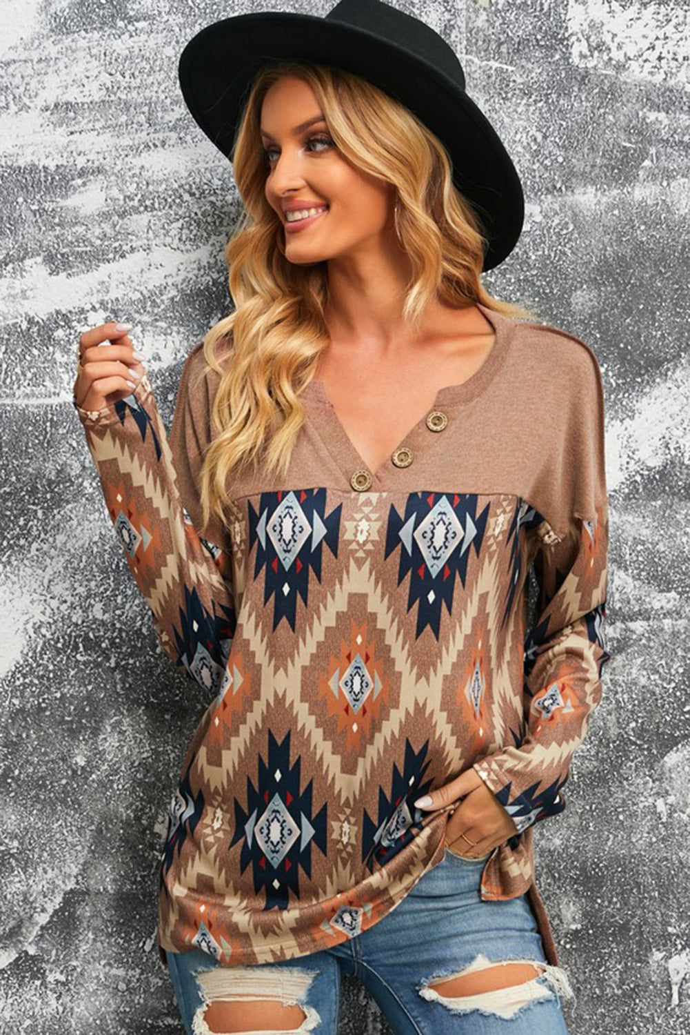 Brown Geometric Pattern Button Front Drop Shoulder Long Sleeve Top