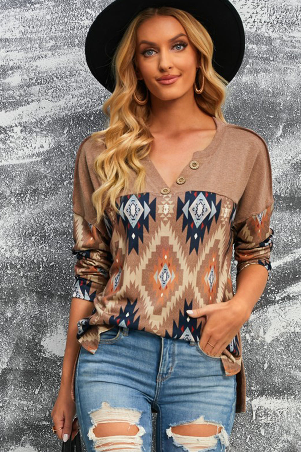 Brown Geometric Pattern Button Front Drop Shoulder Long Sleeve Top