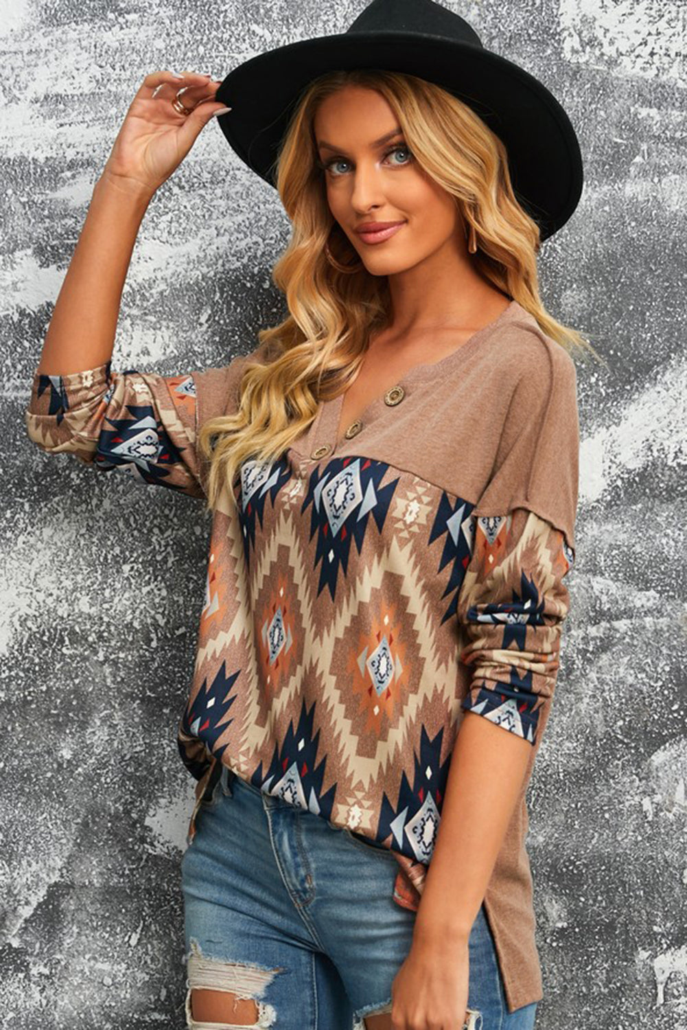 Brown Geometric Pattern Button Front Drop Shoulder Long Sleeve Top