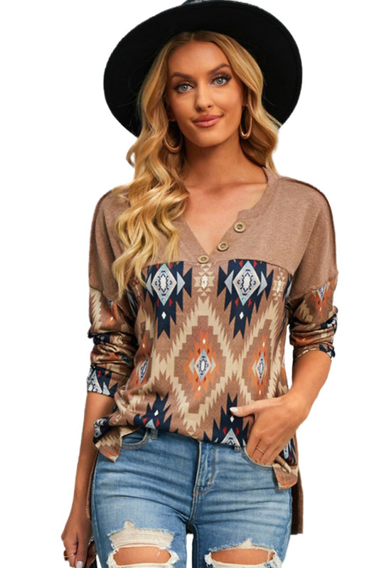 Brown Geometric Pattern Button Front Drop Shoulder Long Sleeve Top