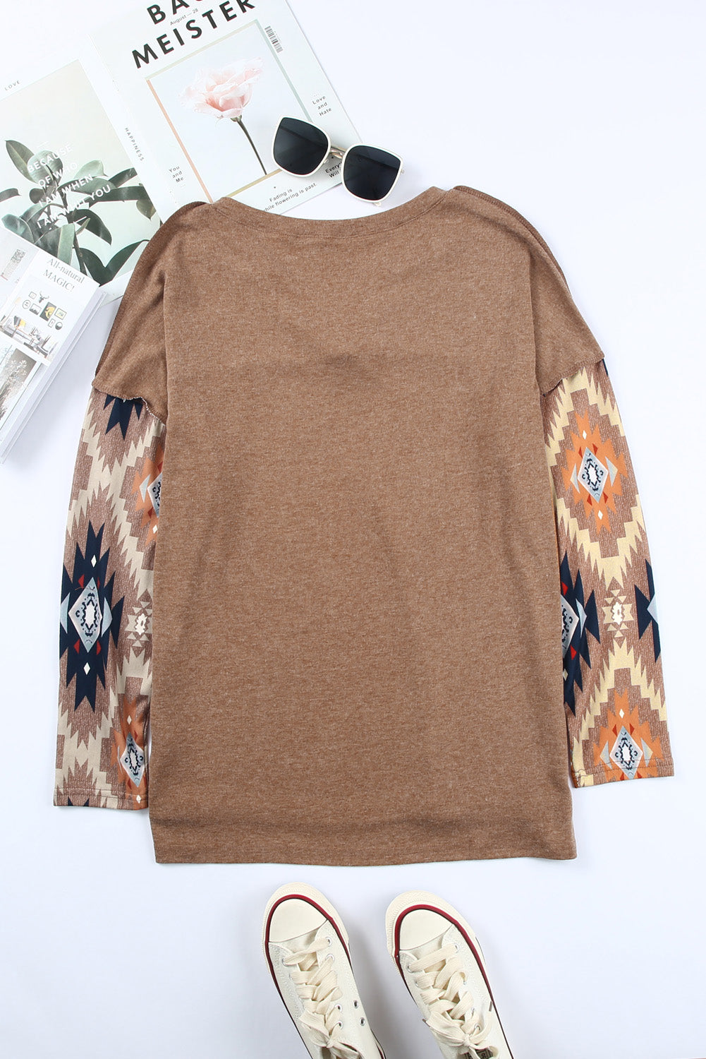 Brown Geometric Pattern Button Front Drop Shoulder Long Sleeve Top