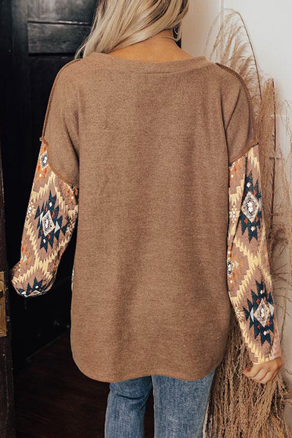 Brown Geometric Pattern Button Front Drop Shoulder Long Sleeve Top