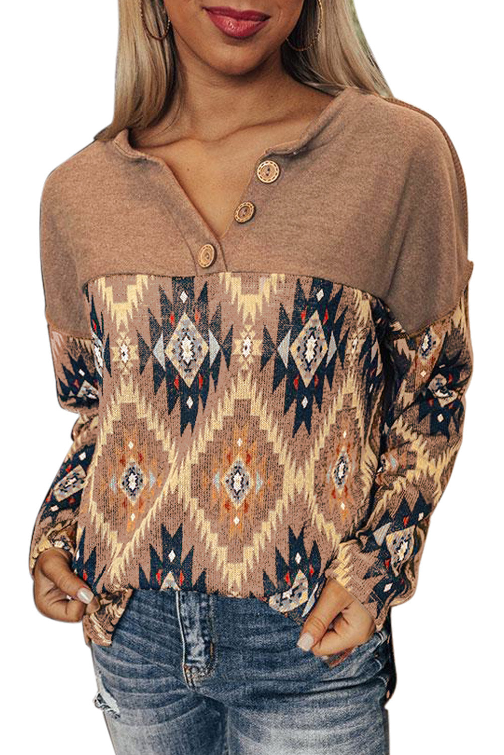 Brown Geometric Pattern Button Front Drop Shoulder Long Sleeve Top